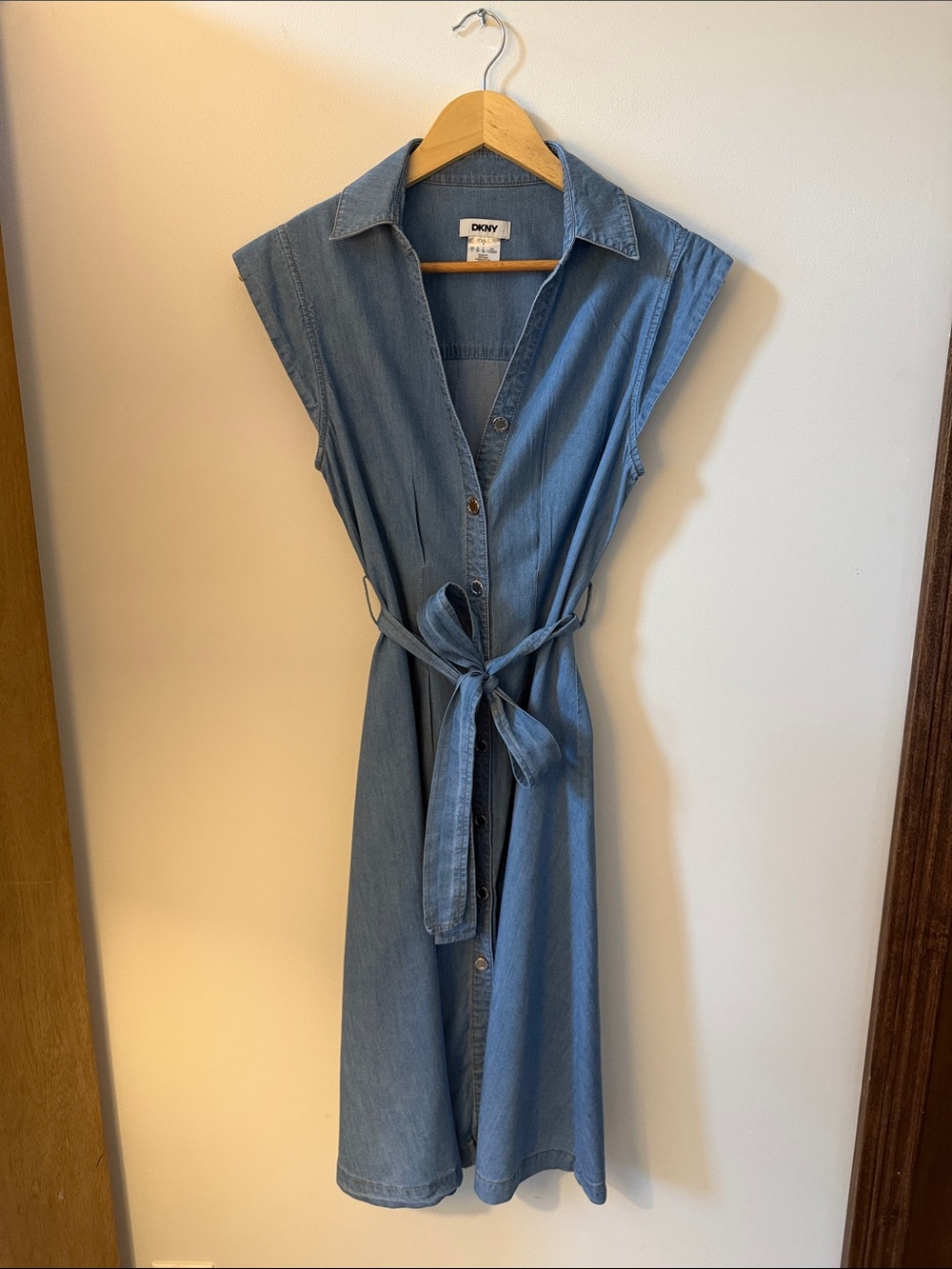 DKNY Sleeveless Denim Midi Dress in Blue with Tie Belt